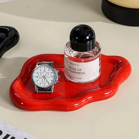 Ceramic Jewelry Tray for Ring Key Trinket Cloud Shape Small Plate-Red