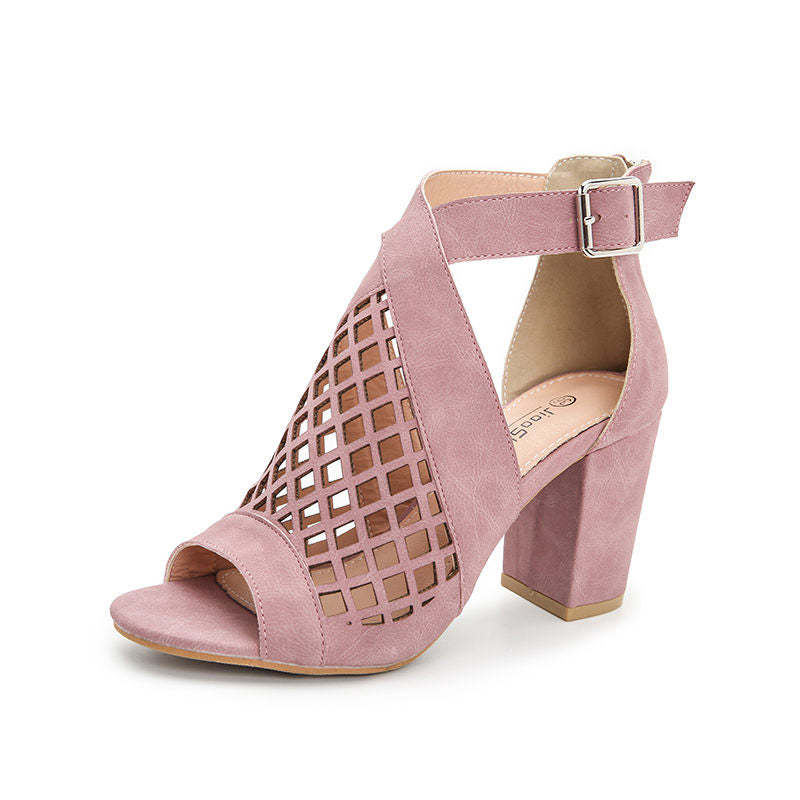 Heel Shoes for Women Summer Sandals Open Toe Fashion Cutout Caged Shoes With Zipper-Pink