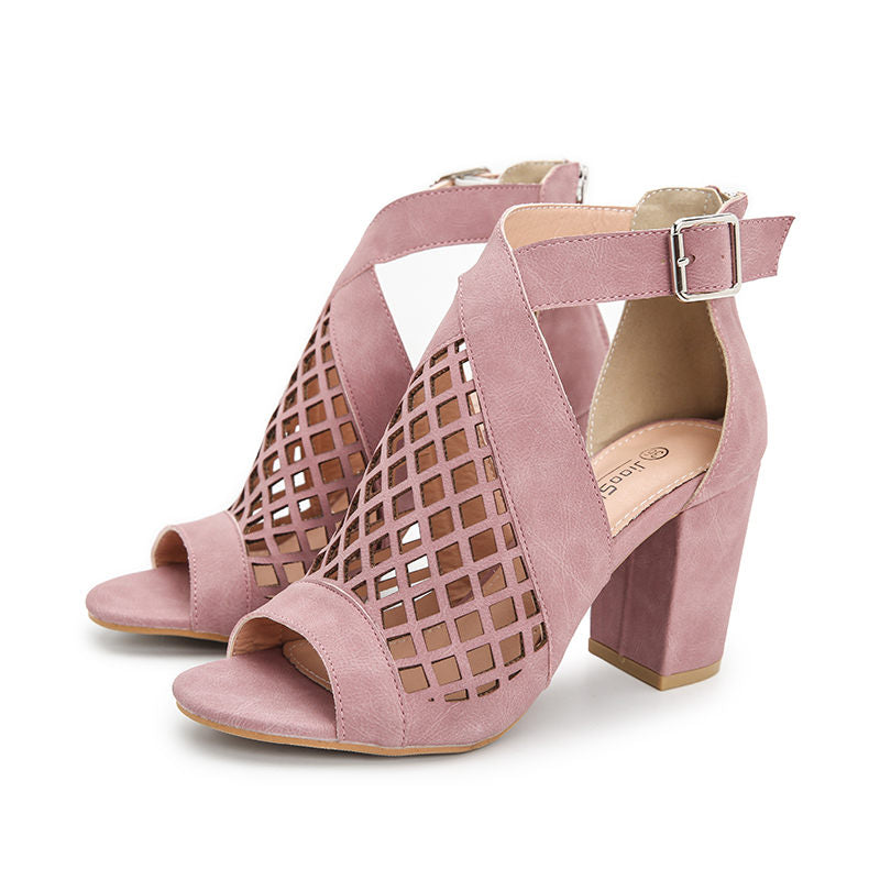 Heel Shoes for Women Summer Sandals Open Toe Fashion Cutout Caged Shoes With Zipper-Pink