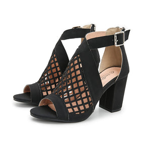 Heel Shoes for Women Summer Sandals Open Toe Fashion Cutout Caged Shoes With Zipper-Black