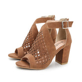 Heel Shoes for Women Summer Sandals Open Toe Fashion Cutout Caged Shoes With Zipper-Brown