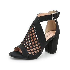 Heel Shoes for Women Summer Sandals Open Toe Fashion Cutout Caged Shoes With Zipper-Black