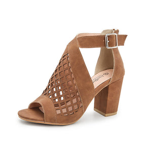 Heel Shoes for Women Summer Sandals Open Toe Fashion Cutout Caged Shoes With Zipper-Brown