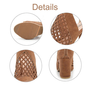 Heel Shoes for Women Summer Sandals Open Toe Fashion Cutout Caged Shoes With Zipper-Brown