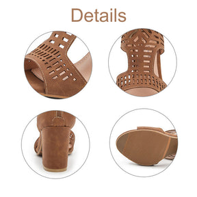 Chunky Heel Sandals for Womens Cutout Open Toe Summer Block Heeled Shoes-Brown