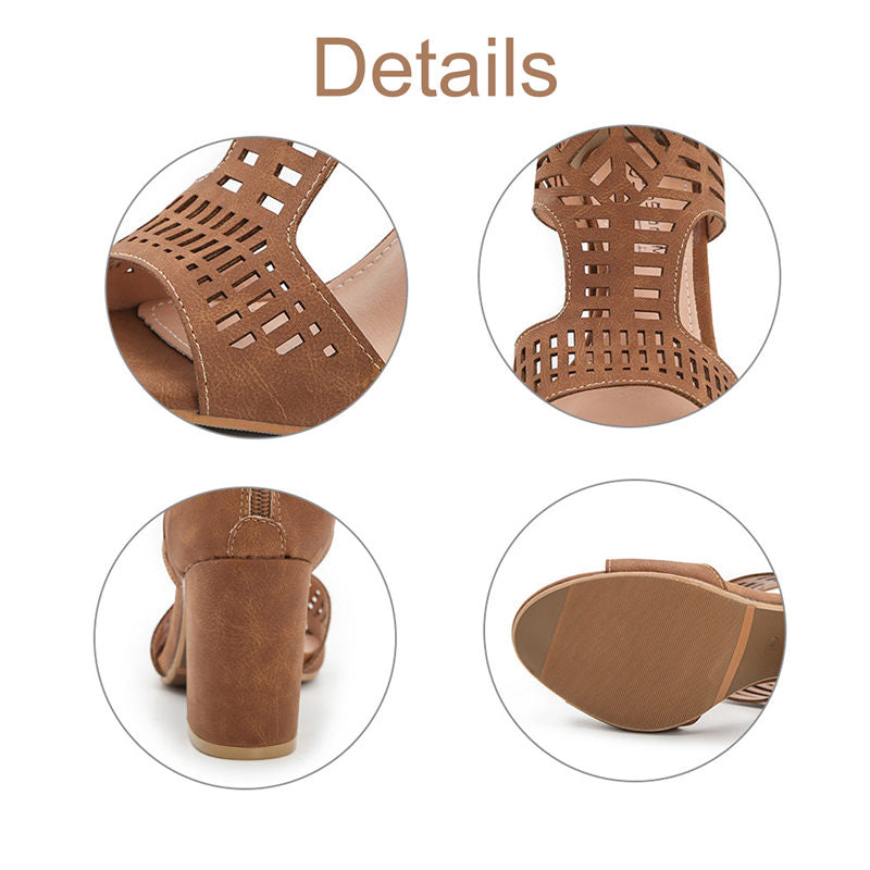 Chunky Heel Sandals for Womens Cutout Open Toe Summer Block Heeled Shoes-Brown