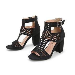 Chunky Heel Sandals for Womens Cutout Open Toe Summer Block Heeled Shoes-Black