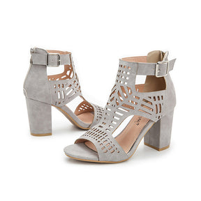 Chunky Heel Sandals for Womens Cutout Open Toe Summer Block Heeled Shoes-Grey