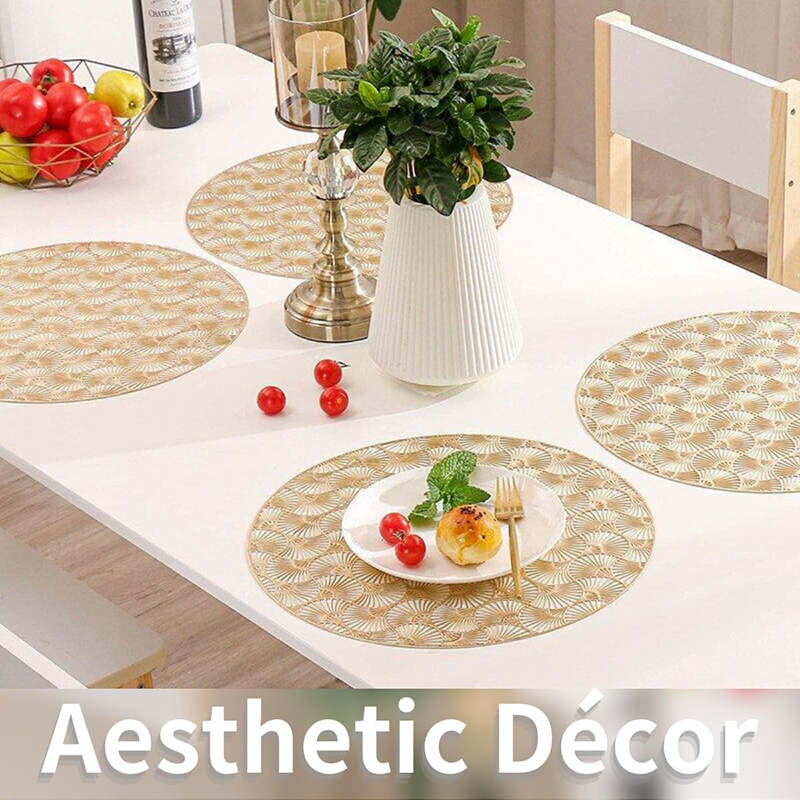 6 Pcs Placemats Round Ginkgo PVC Hollowed-Out for Party Wedding-Gold
