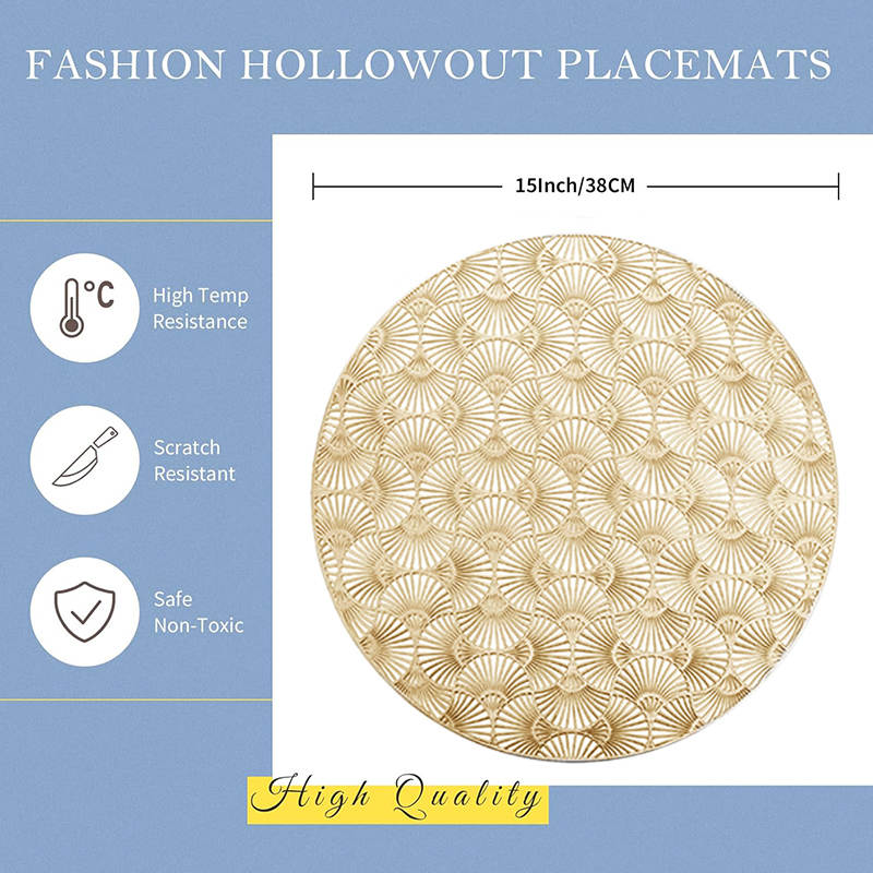6 Pcs Placemats Round Ginkgo PVC Hollowed-Out for Party Wedding-Gold
