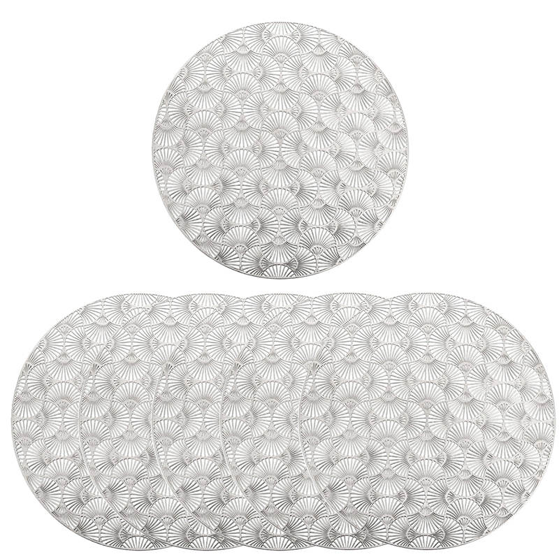 6 Pcs Placemats Round Ginkgo PVC Hollowed-Out for Party Wedding-Silver