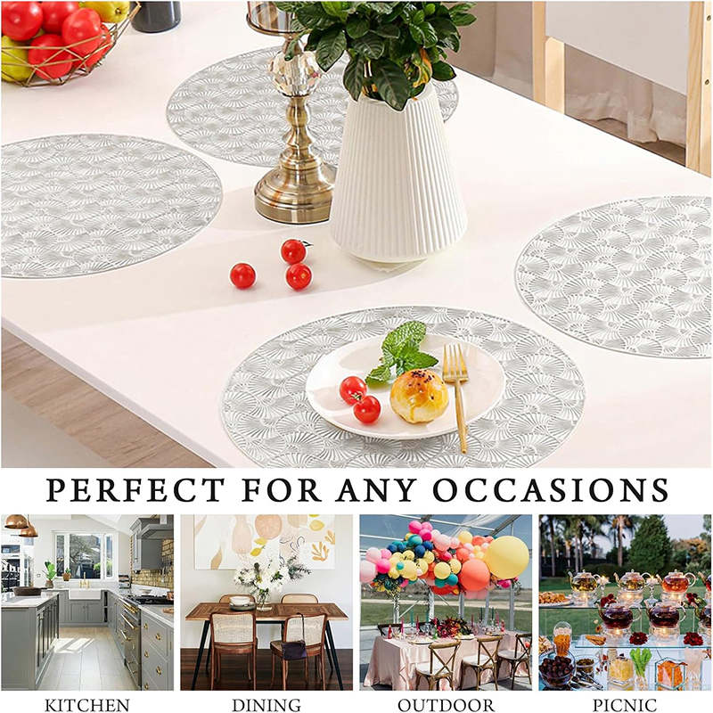 6 Pcs Placemats Round Ginkgo PVC Hollowed-Out for Party Wedding-Silver
