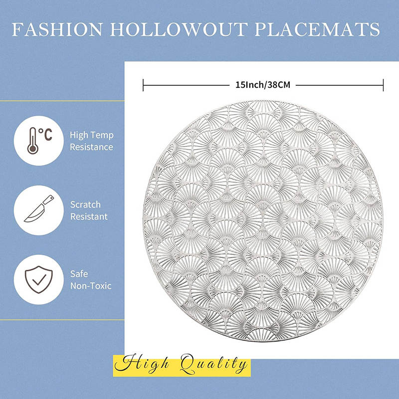 6 Pcs Placemats Round Ginkgo PVC Hollowed-Out for Party Wedding-Silver