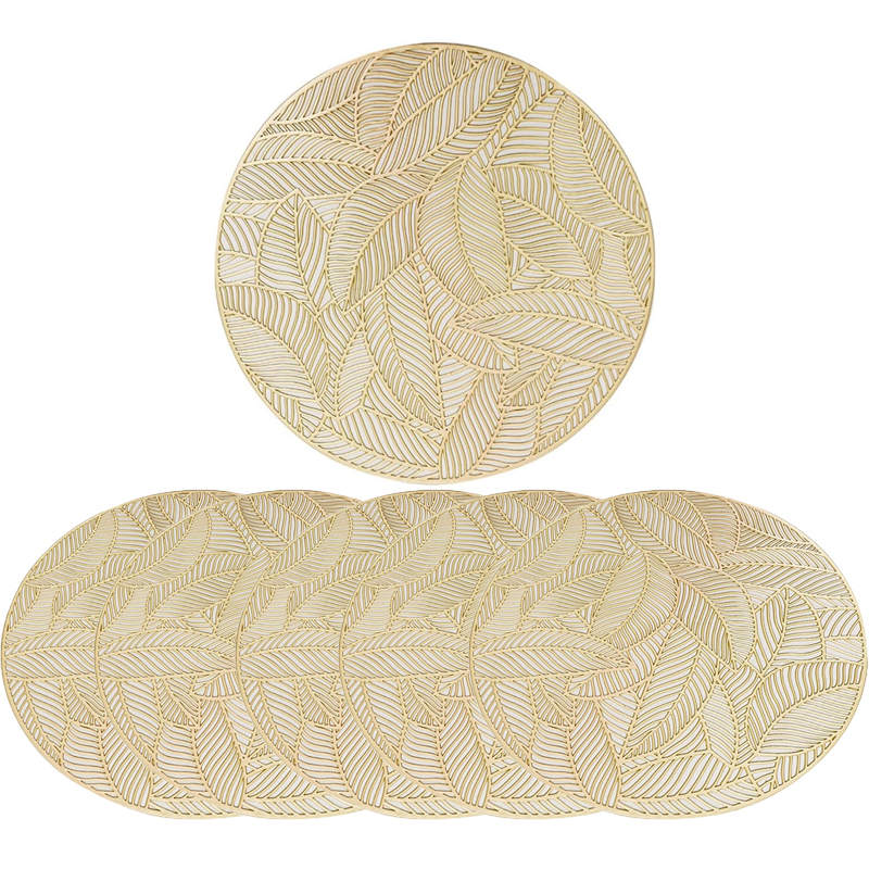 6 Pcs Placemats Round Leaf PVC Hollowed-Out for Party Wedding-Gold