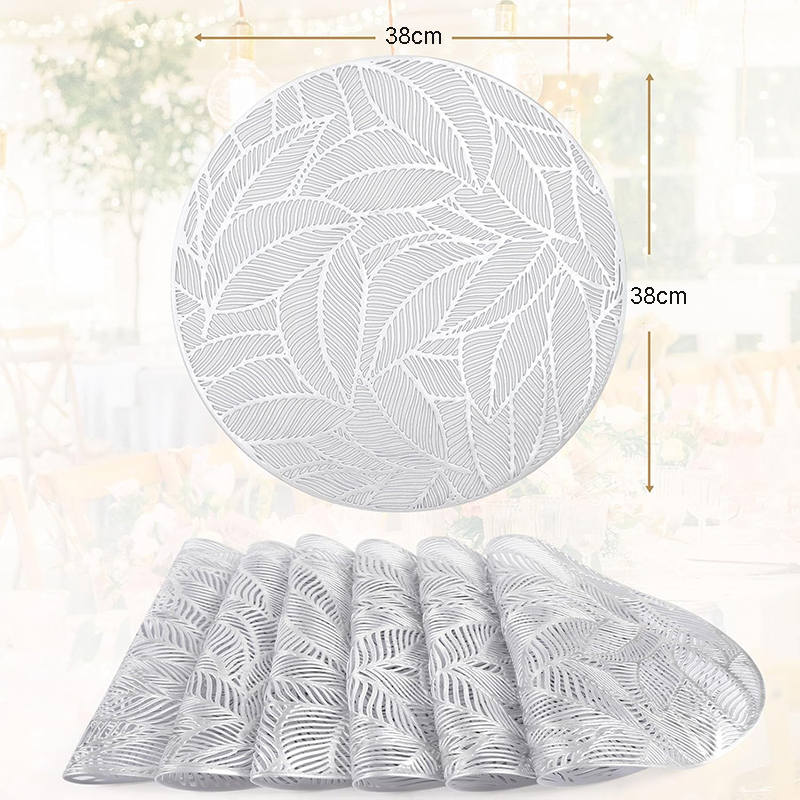 6 Pcs Placemats Round Leaf PVC Hollowed-Out for Party Wedding-Silver