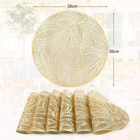 6 Pcs Placemats Round Leaf PVC Hollowed-Out for Party Wedding-Gold