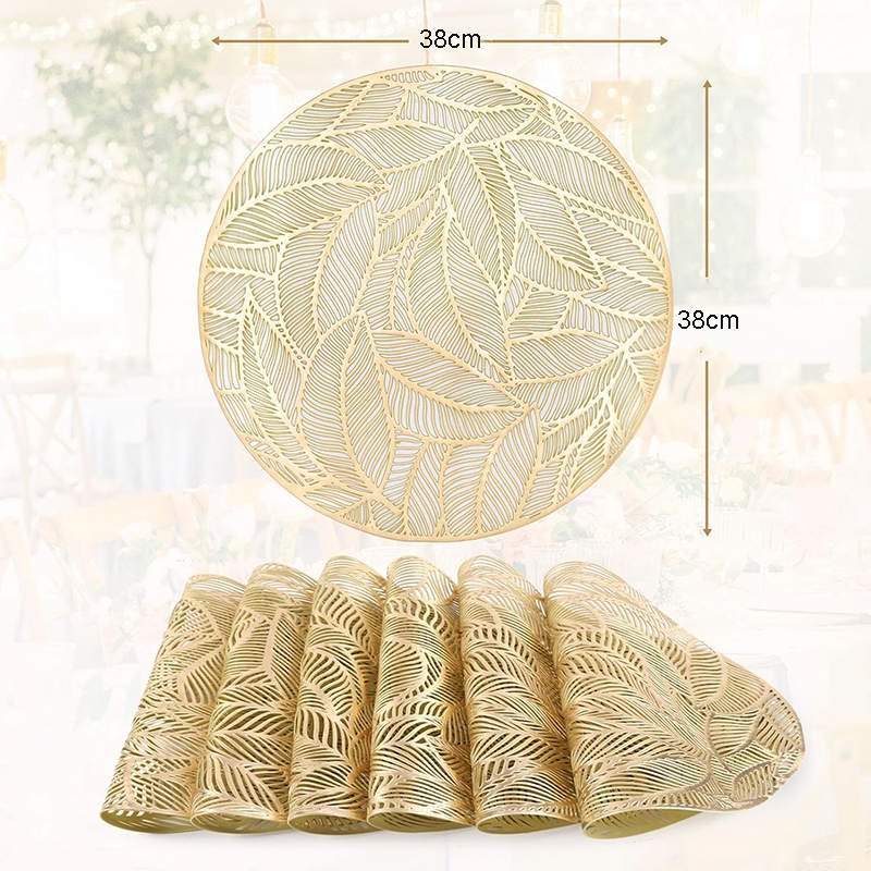 6 Pcs Placemats Round Leaf PVC Hollowed-Out for Party Wedding-Gold
