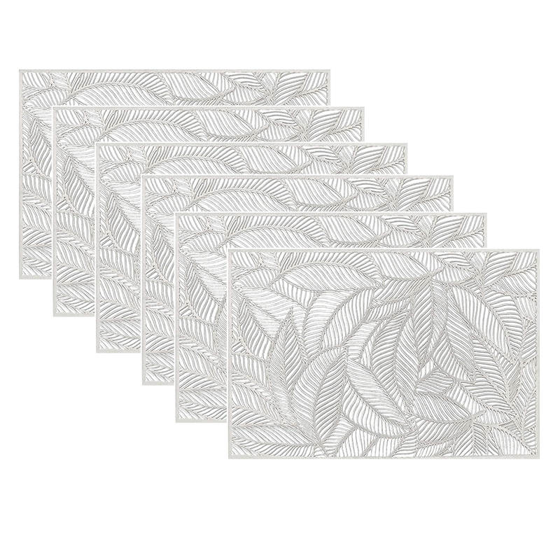 6 Pcs Placemats Square Leaf PVC Hollowed-Out for Party Wedding-Silver