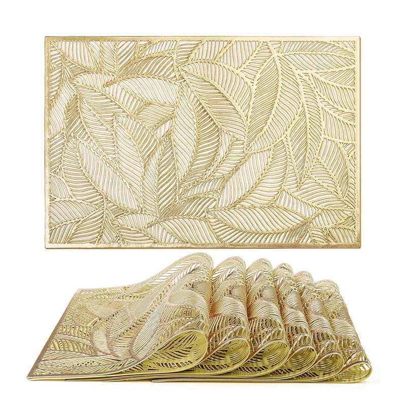 6 Pcs Placemats Square Leaf PVC Hollowed-Out for Party Wedding-Gold