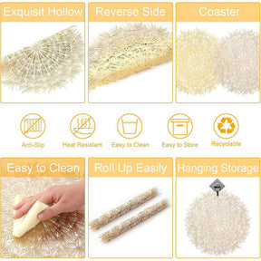 6 Pcs Placemats Round Dandelion PVC Hollowed-Out for Party Wedding-Gold