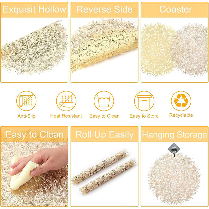 6 Pcs Placemats Round Dandelion PVC Hollowed-Out for Party Wedding-Gold