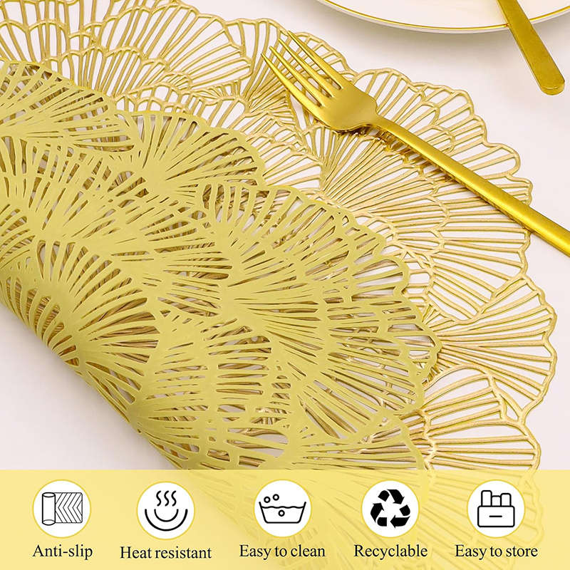 6 Pcs Placemats Round Flower PVC Hollowed-Out for Party Wedding-Gold