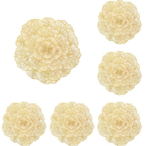 6 Pcs Placemats Round Flower PVC Hollowed-Out for Party Wedding-Gold