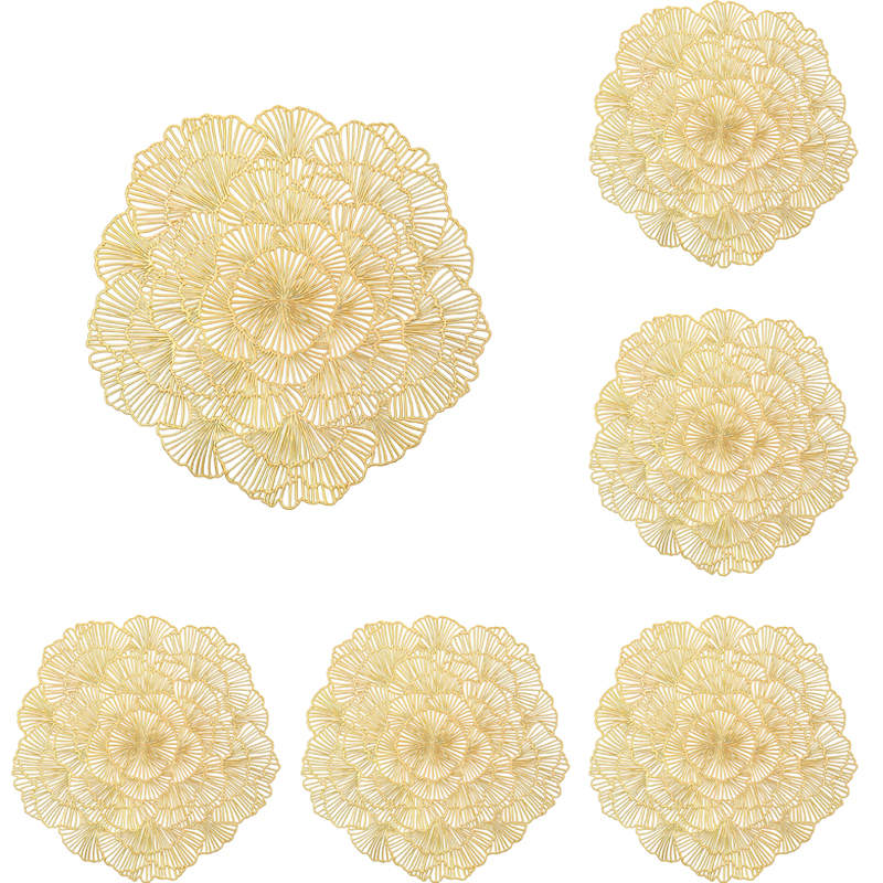6 Pcs Placemats Round Flower PVC Hollowed-Out for Party Wedding-Gold