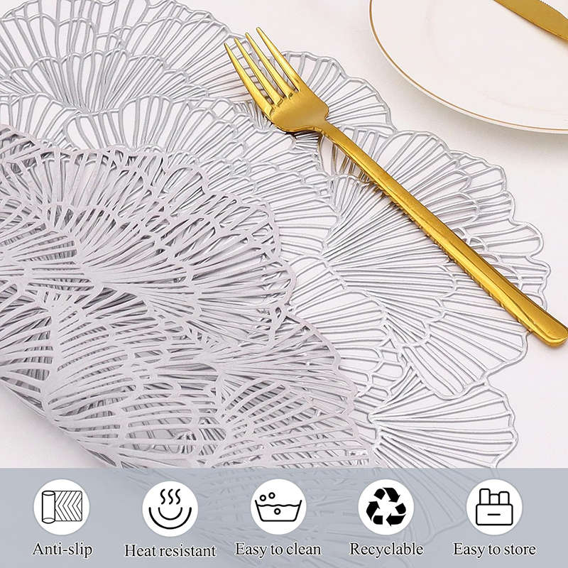 6 Pcs Placemats Round Meteor PVC Hollowed-Out for Party Wedding-Silver