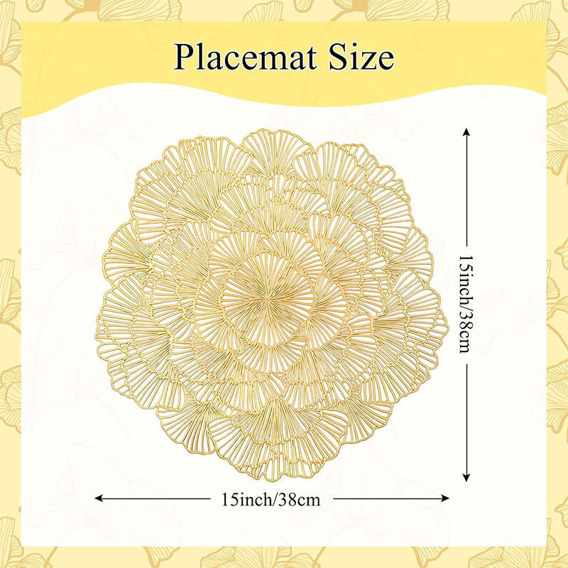 6 Pcs Placemats Round Flower PVC Hollowed-Out for Party Wedding-Gold