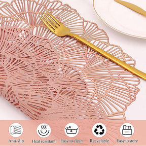 6 Pcs Placemats Round Flower PVC Hollowed-Out for Party Wedding-Rose Gold