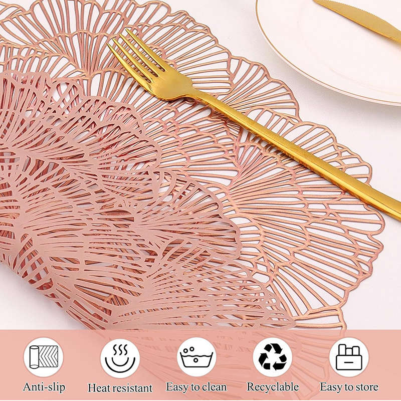 6 Pcs Placemats Round Flower PVC Hollowed-Out for Party Wedding-Rose Gold