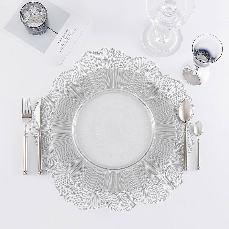 6 Pcs Placemats Round Meteor PVC Hollowed-Out for Party Wedding-Silver