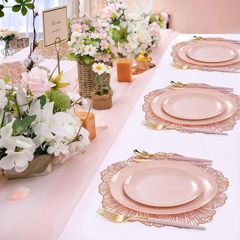 6 Pcs Placemats Round Flower PVC Hollowed-Out for Party Wedding-Rose Gold