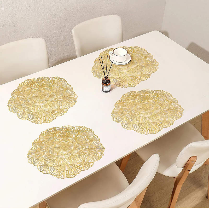 6 Pcs Placemats Round Flower PVC Hollowed-Out for Party Wedding-Gold