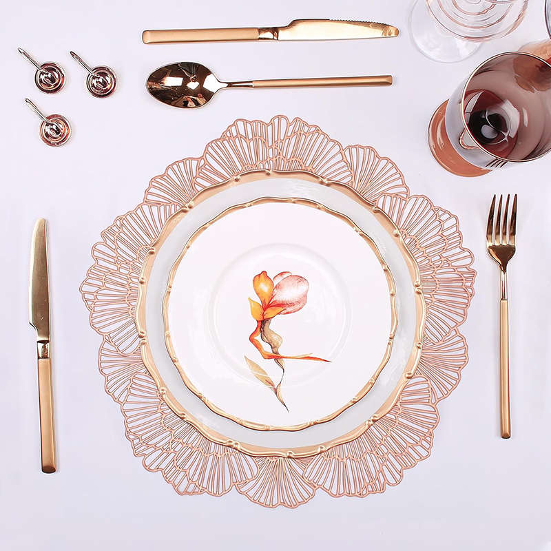 6 Pcs Placemats Round Flower PVC Hollowed-Out for Party Wedding-Rose Gold
