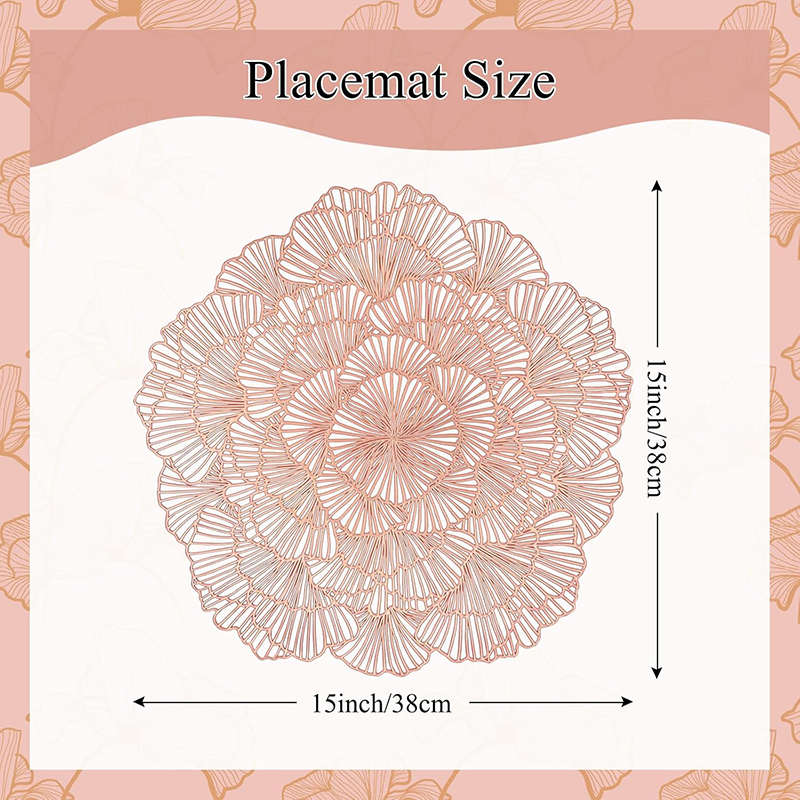 6 Pcs Placemats Round Flower PVC Hollowed-Out for Party Wedding-Rose Gold