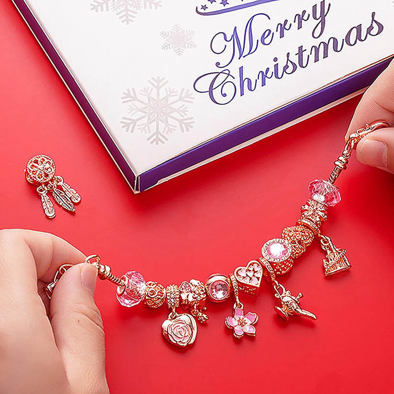 Christmas Advent Calendar Bracelets Making Kit Includes 22 Charms-Pink