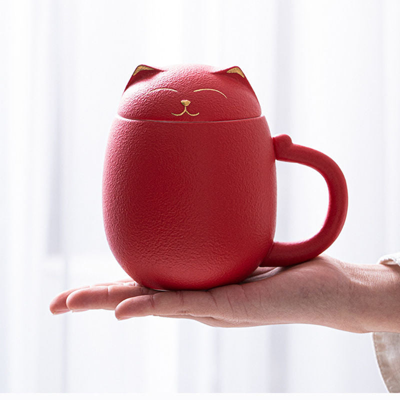Ceramic Tea Mug 350ML with Infuser and Lid Cute Cat Cup for Home Office-Red