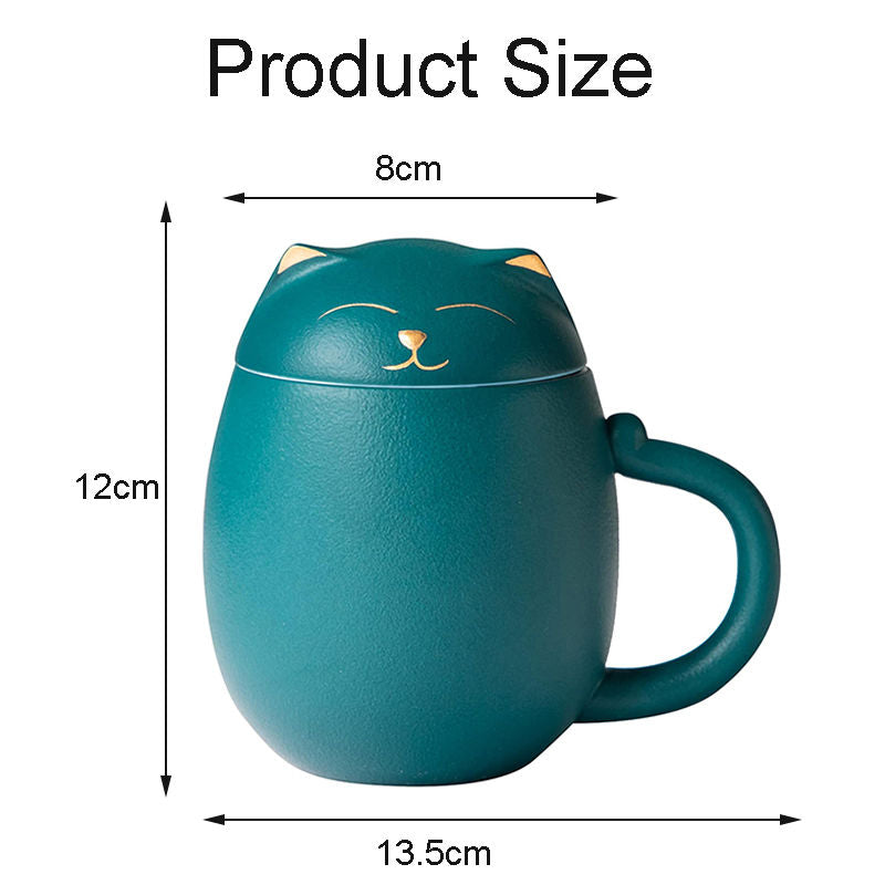 Ceramic Tea Mug 350ML with Infuser and Lid Cute Cat Cup for Home Office-Green