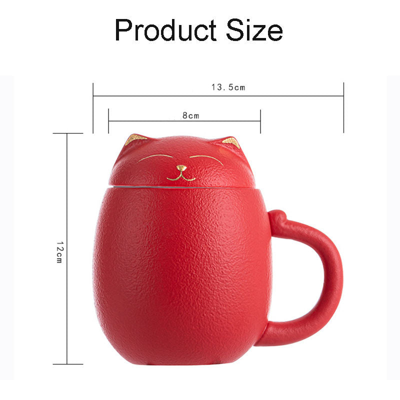 Ceramic Tea Mug 350ML with Infuser and Lid Cute Cat Cup for Home Office-Red