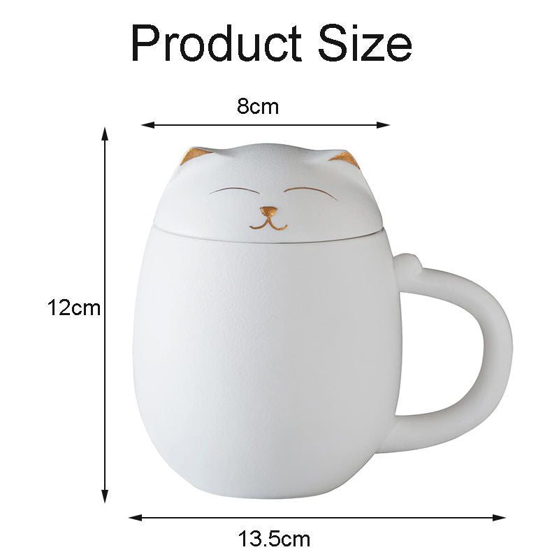 Ceramic Tea Mug 350ML with Infuser and Lid Cute Cat Cup for Home Office-White