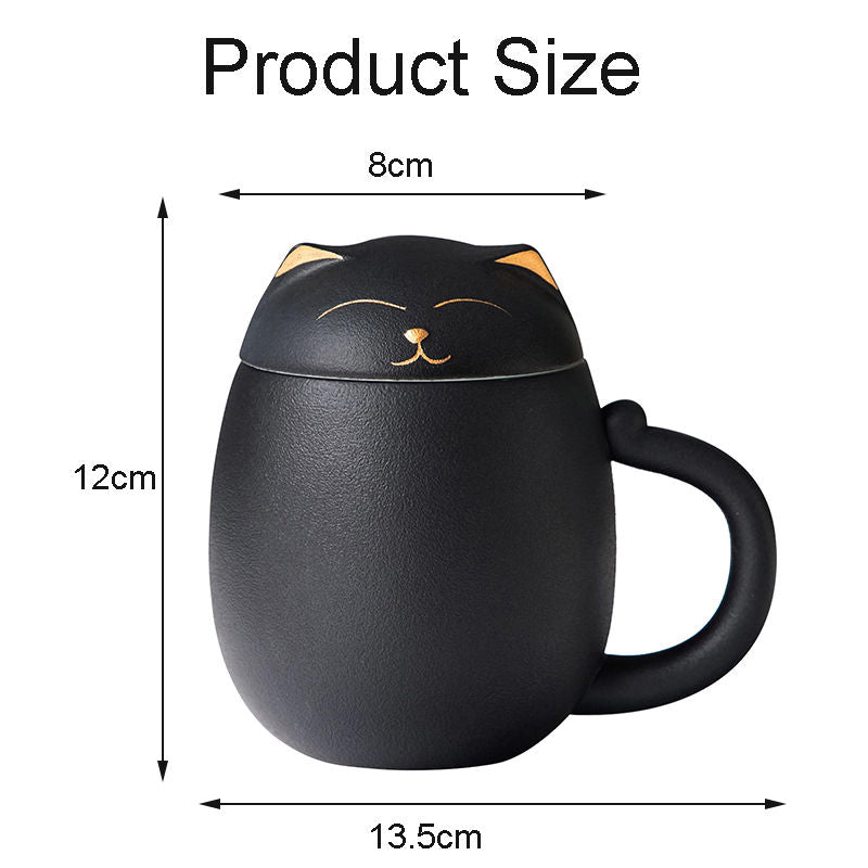 Ceramic Tea Mug 350ML with Infuser and Lid Cute Cat Cup for Home Office-Black