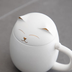 Ceramic Tea Mug 350ML with Infuser and Lid Cute Cat Cup for Home Office-White
