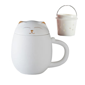 Ceramic Tea Mug 350ML with Infuser and Lid Cute Cat Cup for Home Office-White