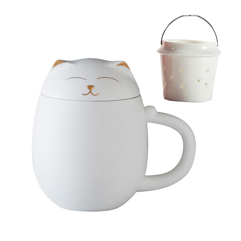 Ceramic Tea Mug 350ML with Infuser and Lid Cute Cat Cup for Home Office-White