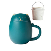 Ceramic Tea Mug 350ML with Infuser and Lid Cute Cat Cup for Home Office-Green