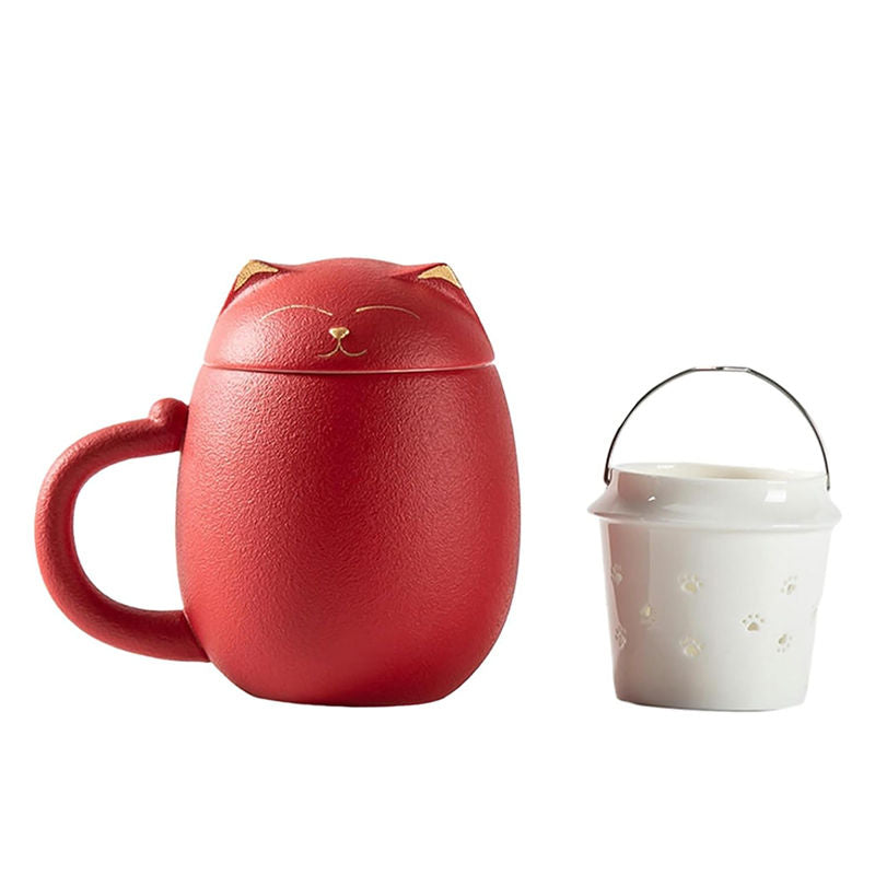 Ceramic Tea Mug 350ML with Infuser and Lid Cute Cat Cup for Home Office-Red