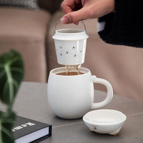 Ceramic Tea Mug 350ML with Infuser and Lid Cute Cat Cup for Home Office-White