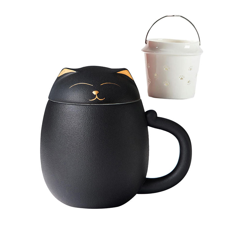 Ceramic Tea Mug 350ML with Infuser and Lid Cute Cat Cup for Home Office-Black